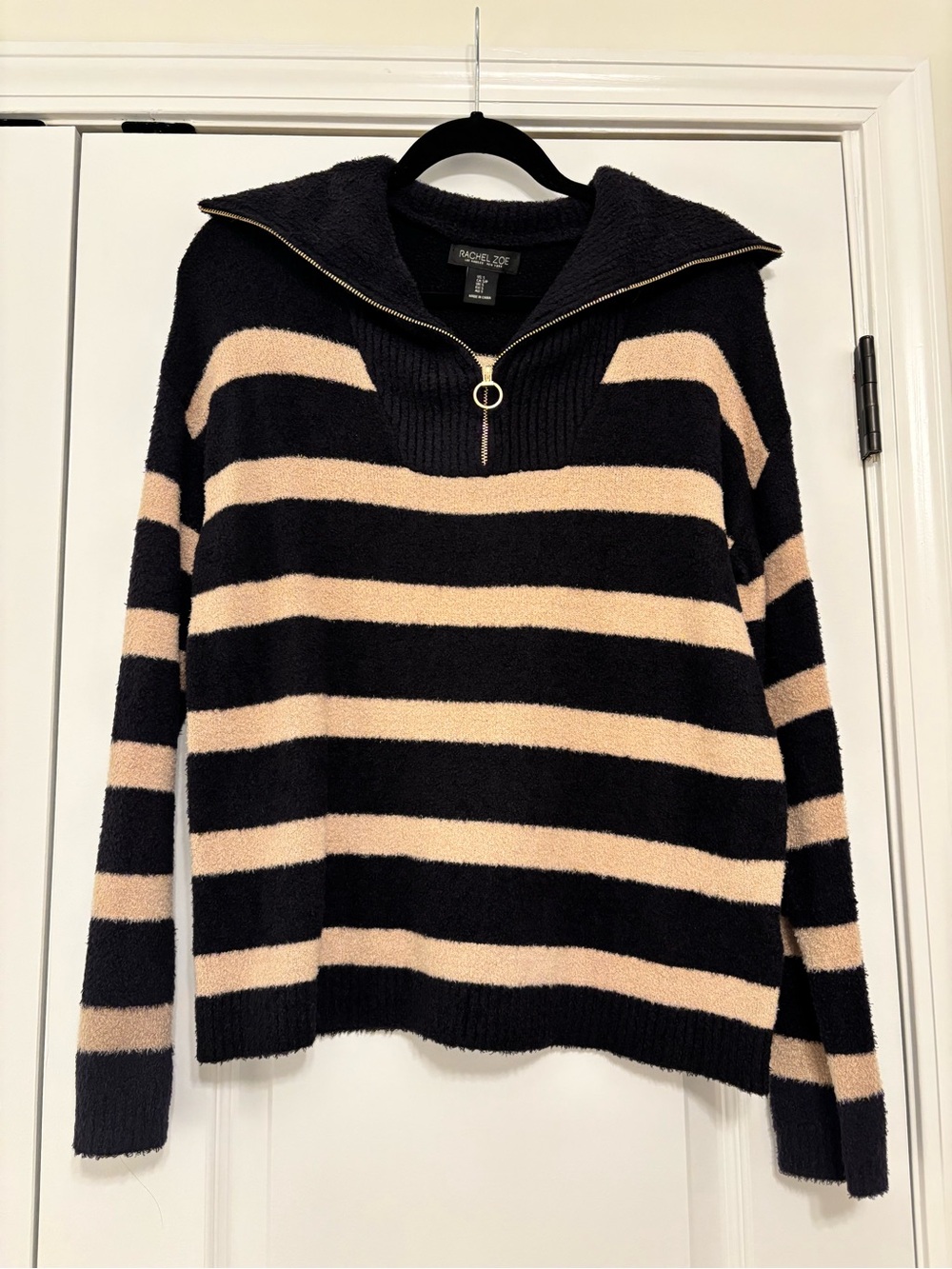 Rachel Zoe Black and Cream Striped Half-Zip Funnel Sweater